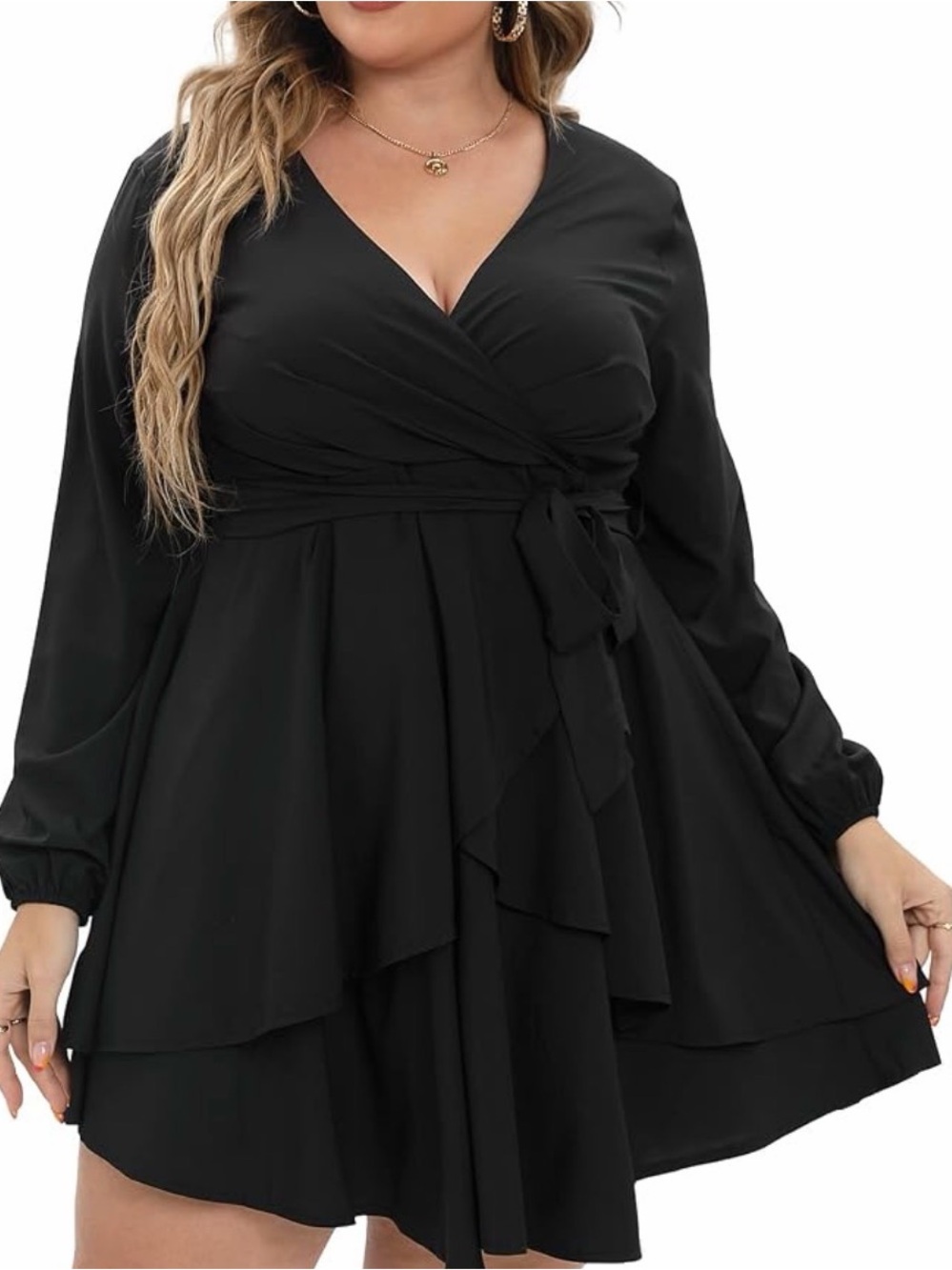 Classic Black Wrap Tie-Waist Long Sleeve Dress